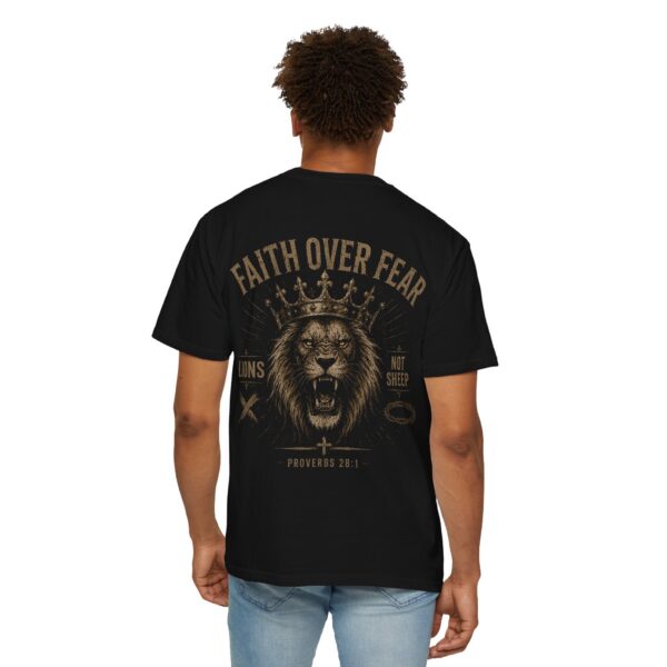 Faith Over Fear Lion T-Shirt — "Faith Over Fear" Christian Lion Tee (Proverbs 28:1)