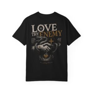 Love Thy Enemy T-shirt - Graphic Garment-Dyed Tee with Dark Cross & Snake Design